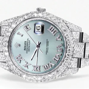 Diamond Iced Out Rolex Datejust 41 | 25 Carats Of Diamonds | Custom Teal Roman Diamond Dial | Two Row | Oyster Band