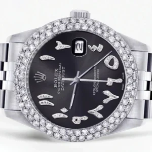 Mens Rolex Datejust Watch 16200 | 36Mm | Diamond Black Arabic Numeral Dial | Two Row 4.25 Carat Bezel | Jubilee Band