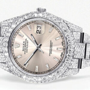 Diamond Iced Out Rolex Datejust 41 | 25 Carats Of Diamonds | Custom Dawn Pink Dial | Two Row | Oyster Band