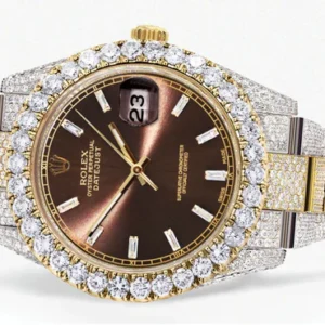 Diamond Iced Out Rolex Datejust 41 | 25 Carats Of Diamonds | Morocco Brown Diamond Dial | Two Tone | Oyster Band