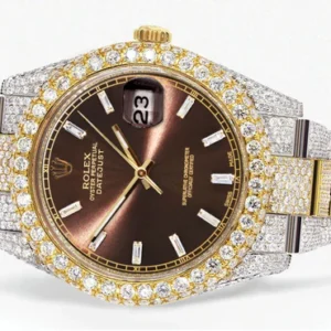 Diamond Iced Out Rolex Datejust 41 | 25 Carats Of Diamonds | Morocco Brown Dial | Two Tone | Two Row | Oyster Band