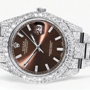 Diamond Iced Out Rolex Datejust 41 | 25 Carats Of Diamonds | Morocco Brown Dial | Two Row | Oyster Band