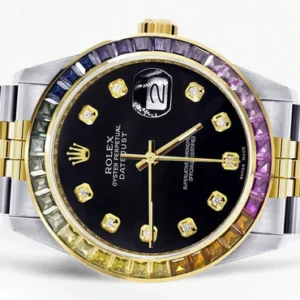 Diamond Gold Rolex Watch For Men 16233 | 36Mm | Rainbow Sapphire Bezel | Black Dial | Jubilee Band