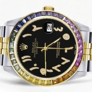 Diamond Gold Rolex Watch For Men 16233 | 36Mm | Rainbow Sapphire Bezel | Diamond Black Arabic Numeral Dial | Jubilee Band