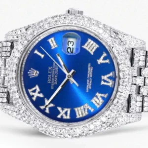 Diamond Iced Out Rolex Datejust 41 | 25 Carats Of Diamonds | Custom Blue Roman Numeral Diamond Dial | Two Row | Jubilee Band