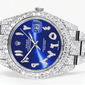 Diamond Iced Out Rolex Datejust 41 | 25 Carats Of Diamonds | Custom Blue Arabic Numeral Diamond Dial | Two Row | Oyster Band