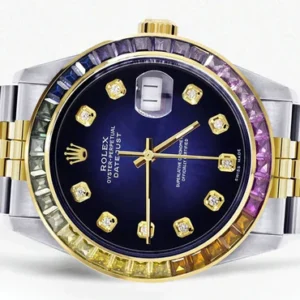 Diamond Gold Rolex Watch For Men 16233 | 36Mm | Rainbow Sapphire Bezel | Blue Black Dial | Jubilee Band