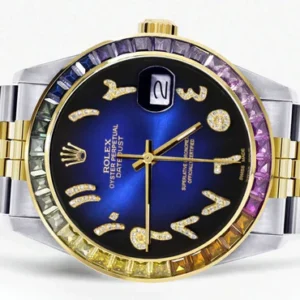 Diamond Gold Rolex Watch For Men 16233 | 36Mm | Rainbow Sapphire Bezel | Diamond Blue Black Arabic Numeral Dial | Jubilee Band