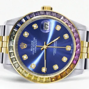 Diamond Gold Rolex Watch For Men 16233 | 36Mm | Rainbow Sapphire Bezel | Blue Dial | Jubilee Band