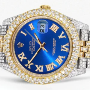 Diamond Iced Out Rolex Datejust 41 | 25 Carats Of Diamonds | Custom Blue Roman Numeral Diamond Dial | Two Tone | Two Row | Jubilee Band