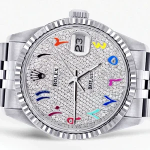 Mens Rolex Datejust Watch 16200 | Fluted Bezel | 36Mm | Color Arabic Numeral Diamond Dial | Jubilee Band