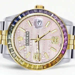 Diamond Gold Rolex Watch For Men 16233 | 36Mm | Rainbow Sapphire Bezel | Diamond Pink Texture Dial | Jubilee Band