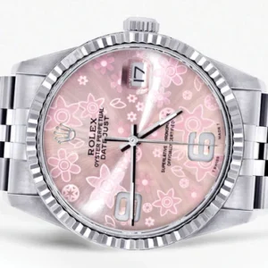 Mens Rolex Datejust Watch 16200 | Fluted Bezel | 36Mm | Pink Flower Dial | Jubilee Band