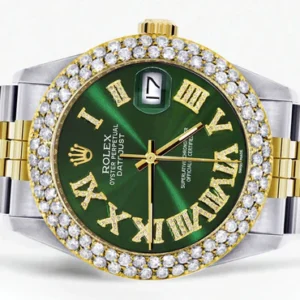 Diamond Gold Rolex Watch For Men 16233 | 36Mm | Green Roman Numeral Dial | Two Row 4.25 Carat Bezel | Jubilee Band