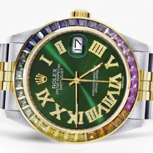 Diamond Gold Rolex Watch For Men 16233 | 36Mm | Rainbow Sapphire Bezel | Diamond Green Roman Numeral Dial | Jubilee Band