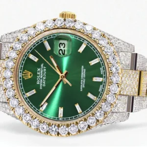 Diamond Iced Out Rolex Datejust 41 | 25 Carats Of Diamonds | Custom Green Diamond Dial | Two Tone | Oyster Band