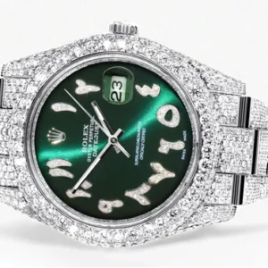 Diamond Iced Out Rolex Datejust 41 | 25 Carats Of Diamonds | Custom Green Arabic Numeral Diamond Dial | Two Row | Oyster Band