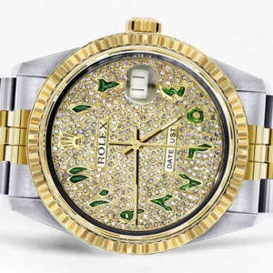 Mens Rolex Datejust Watch 16233 Two Tone | Fluted Bezel | 36Mm | Diamond Green Arabic Numeral | Jubilee Band