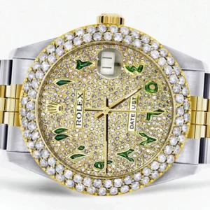 Diamond Gold Rolex Watch For Men 16233 | 36Mm | Diamond Green Arabic Dial | Two Row 4.25 Carat Bezel | Jubilee Band