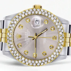 Diamond Gold Rolex Watch For Men 16233 | 36Mm | Custom Grey Dial | Two Row 4.25 Carat Bezel | Jubilee Band