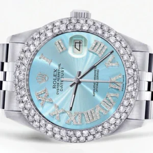 Mens Rolex Datejust Watch 16200 | 36Mm | Light Blue Roman Numeral Dial | Two Row 4.25 Carat Bezel | Jubilee Band