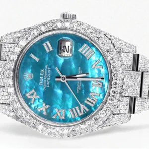 Diamond Iced Out Rolex Datejust 41 | 25 Carats Of Diamonds | Aquamarine Mother of Pearl Dial | Two Row | Oyster Band