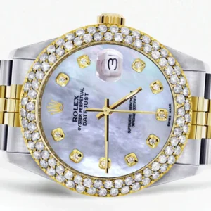 Diamond Gold Rolex Watch For Men 16233 | 36Mm | Mother of Pearl Dial | Two Row 4.25 Carat Bezel | Jubilee Band