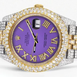 Diamond Iced Out Rolex Datejust 41 | 25 Carats Of Diamonds | Custom Purple Roman Numeral Diamond Dial | Two Tone | Two Row | Jubilee Band