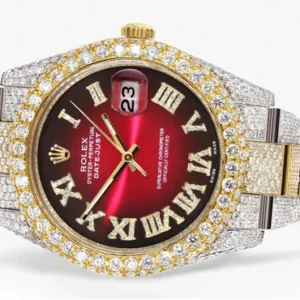 Diamond Iced Out Rolex Datejust 41 | 25 Carats Of Diamonds | Red Black Roman Numeral Dial | Two Tone | Two Row | Oyster Band