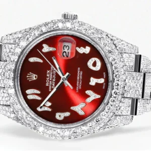 Diamond Iced Out Rolex Datejust 41 | 25 Carats Of Diamonds | Custom Red Arabic Numeral Diamond Dial | Two Row | Oyster Band