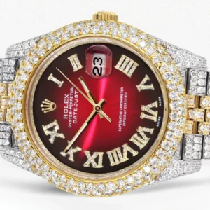 Diamond Iced Out Rolex Datejust 41 | 25 Carats Of Diamonds | Red Black Dial | Two Tone | Two Row | Jubilee Band