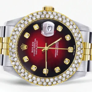 Diamond Gold Rolex Watch For Men 16233 | 36Mm | Custom Red Black Dial | Two Row 4.25 Carat Bezel | Jubilee Band