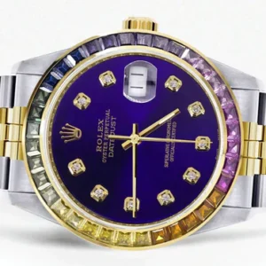 Diamond Gold Rolex Watch For Men 16233 | 36Mm | Rainbow Sapphire Bezel | Royal Blue Dial | Jubilee Band