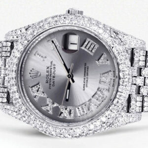 Diamond Iced Out Rolex Datejust 41 | 25 Carats Of Diamonds | Custom Silver Roman Numeral Diamond Dial | Two Row | Jubilee Band