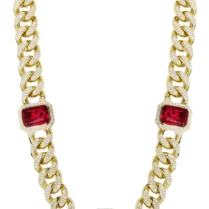 Solid Mens Ruby & Cz Miami Cuban Link Chain 10K Yellow Gold