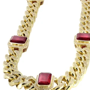 Solid Mens Ruby & Cz Miami Cuban Link Chain 10K Yellow Gold