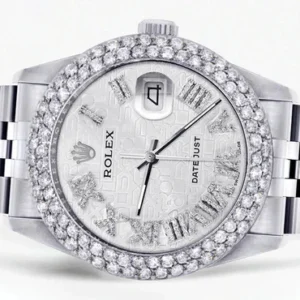 Mens Rolex Datejust Watch 16200 | 36Mm | White Texture Roman Numeral Dial | Two Row 4.25 Carat Bezel | Jubilee Band