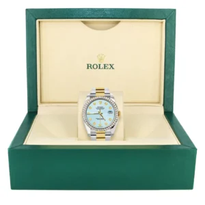 116233 | Diamond Gold Rolex Watch For Men | 36Mm | Light Blue Dial | Oyster Band