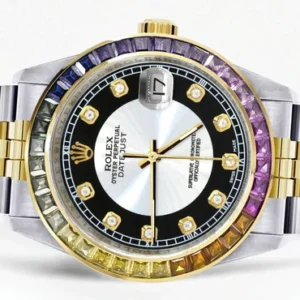 Diamond Gold Rolex Watch For Men 16233 | 36Mm | Rainbow Sapphire Bezel | Tuxedo Dial | Jubilee Band