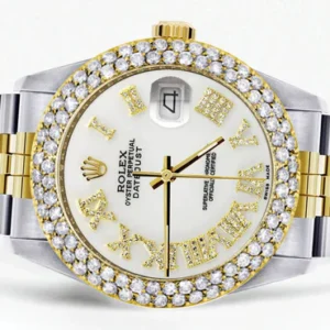 Diamond Gold Rolex Watch For Men 16233 | 36Mm | Diamond White Roman Numeral Dial | Two Row 4.25 Carat Bezel | Jubilee Band