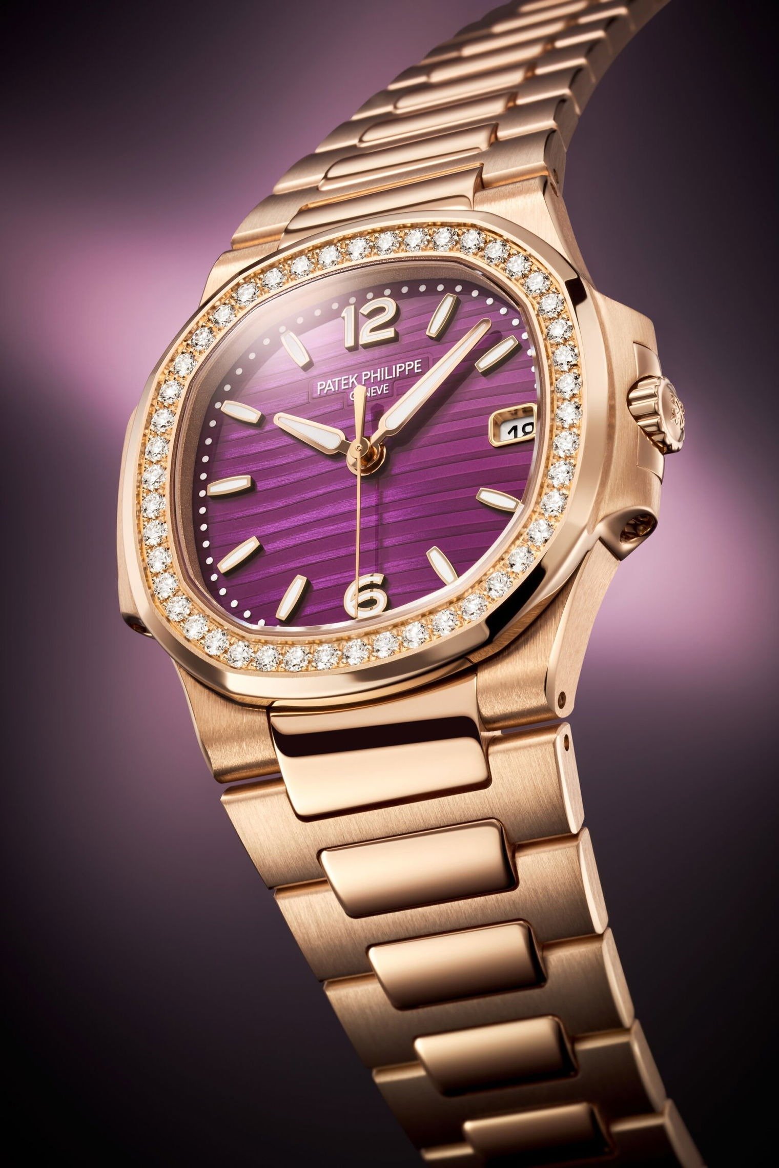 Buy Patek Philippe 7010 1R 013 Nautilus Date Sweep Seconds Quartz Rose Gold Diamonds Lacquered Purple Dial BRAND NEW OMEGA BULLION LLC